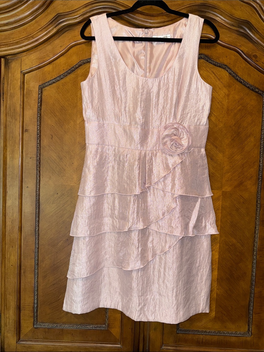 Sandra Darren Pale Pink Tiered Ruffle Cocktail Dress with Rosette